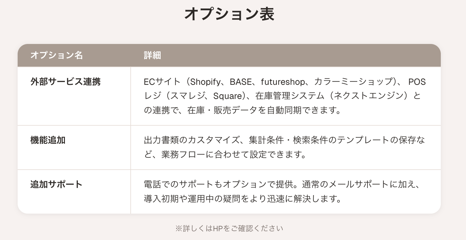 アパレル管理自動くん オプション表